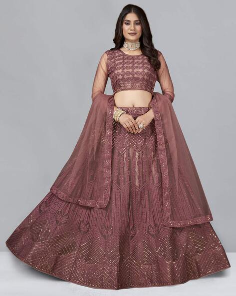 Buy Peach Lehenga set with Matching Printed Dupatta with Floral Motifs