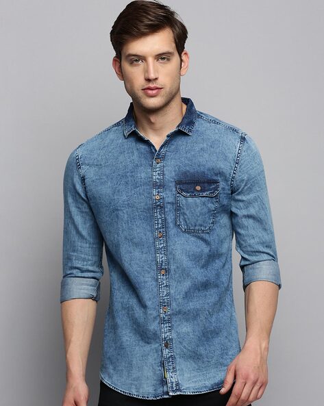 fcity.in - Double One Men Blue Double Pocket Acid Washed Denim Shirt /  Stylish