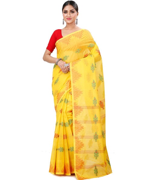 Buy Mustard Yellow Exclusive Handwoven Bengal Tant Cotton Saree (With Blouse)  Zari Border And Booti 17574 | www.maanacreation.com