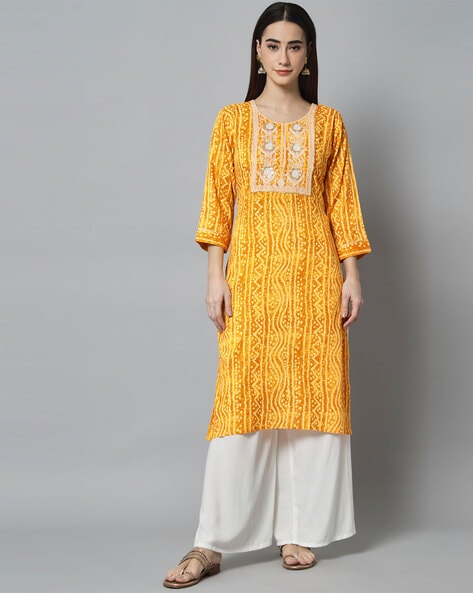 Premium Rayon Bandhani kurti with beautiful embroidery & Sitara work on  yoke Kurta Sets