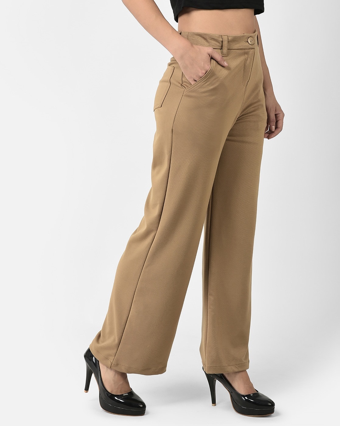 Nuon by Westside Solid Olive Green Wide-Leg Trousers