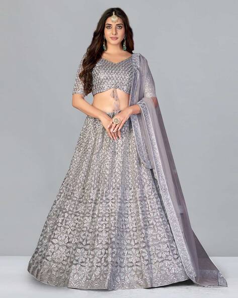 Grey Color Chinon Lehenga Choli With Digital Print and Embroidery Work in  USA, UK, Malaysia, South Africa, Dubai, Singapore