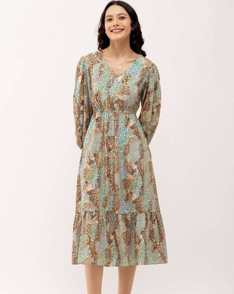 Code By Lifestyle Beige Printed Fit And Flare Dress - Buy Code By Lifestyle  Beige Printed Fit And Flare Dress online in India