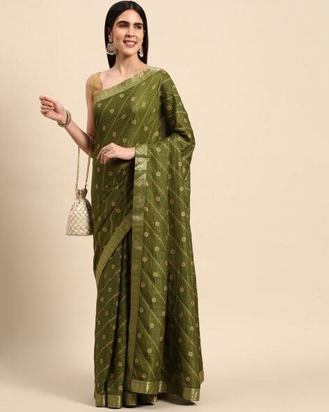 MEHANDI GREEN and GOLD FLORALS SILK Saree with BANARASI FANCY