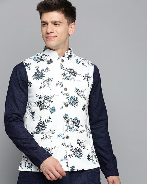 White printed sale nehru jacket