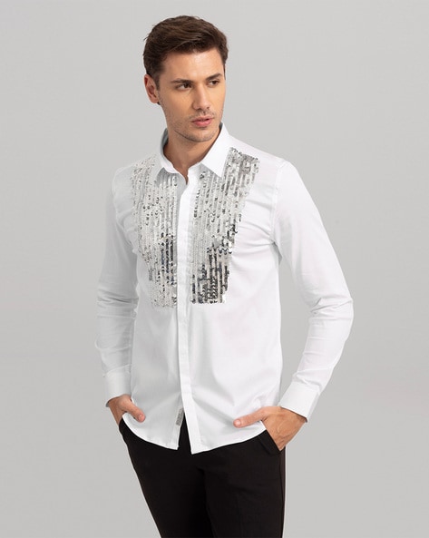 Embellished Slim Fit Shirt with Spread Collar