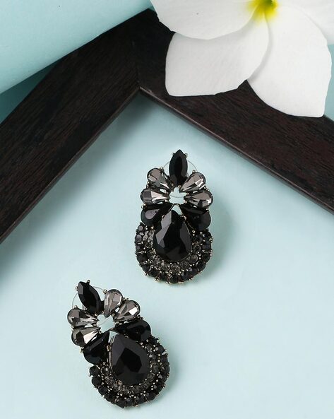 Voylla Brass Oxidized Silver Plating Flower Shape Dangler Earrings with Black  Stone for Women and Girls
