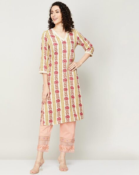 Melange floral print 2025 straight kurta