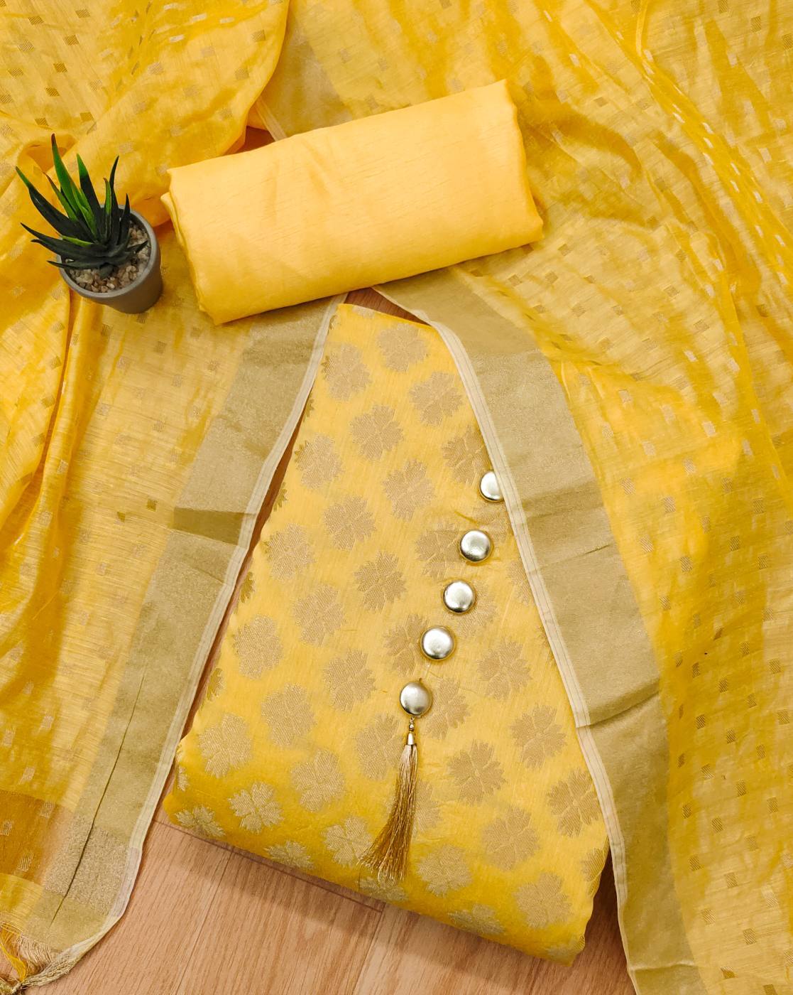 Lemon-Rust Cotton Bandhani Dress Material - Bandhani - Bandhani - Kutch