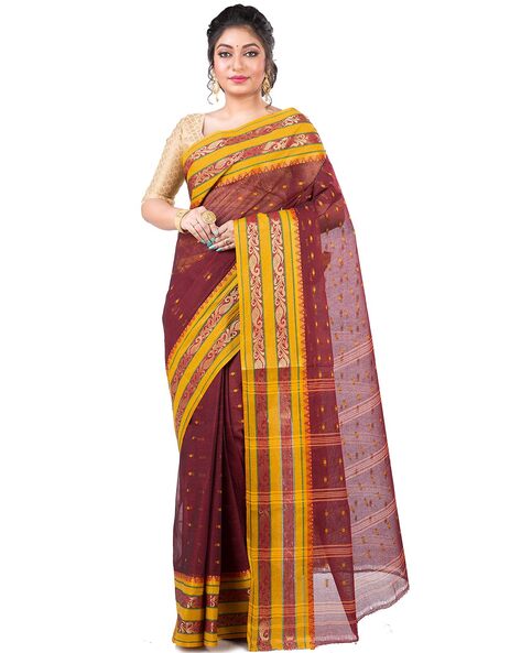 Buy Crochetin Women's Yellow and GreenTraditional Cotton Tant Saree without  Blouse Piece at Amazon.in