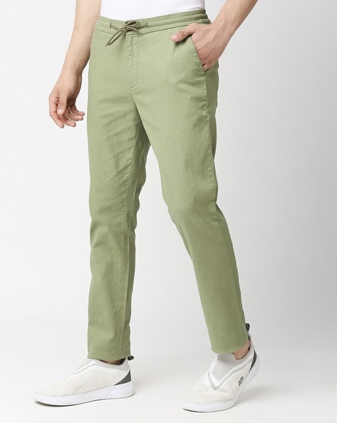 Men's Green Cotton Blend Solid Chinos