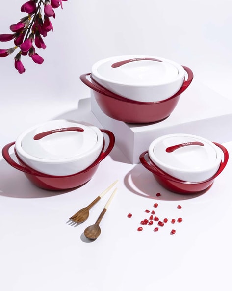 Pinnacle Tokyo Plastic Thermo Insulated Food Bowl Containers - RED 3 Bowls