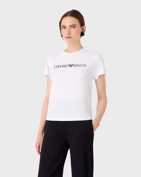 Buy EMPORIO ARMANI Regular Fit Cotton T shirt White Color Women