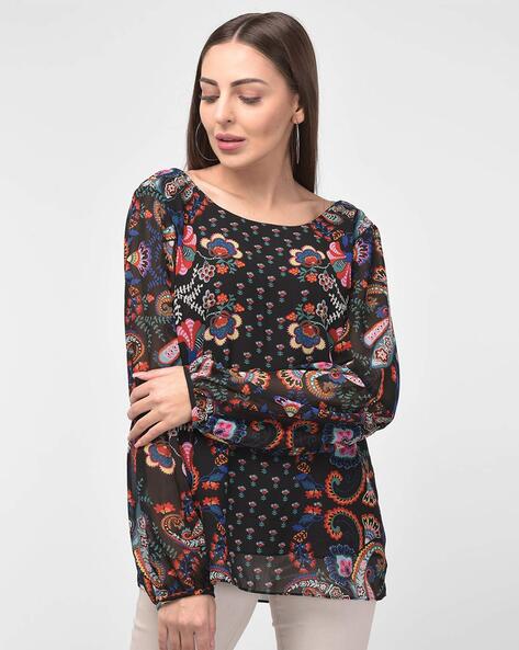 Floral Print Top with Cuffed Sleeves