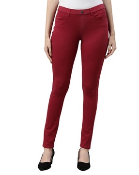 Buy GO COLORS Red Womens Stretch Mid Rise Skinny Fit Leggings