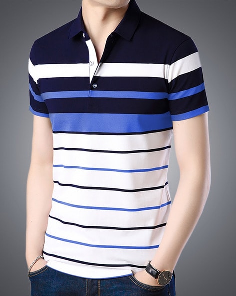 Regular Fit Striped Polo T-Shirt with Ribbed Hems