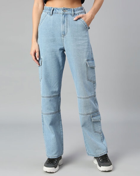 UNFLD Women's Blue Mid Rise Straight Fit Cargo Jeans | Women Boyfriends  Jeans High Waist Baggy
