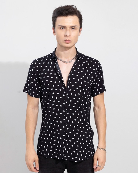 Slim Fit Dotted Shirt - Black/white dotted - Men