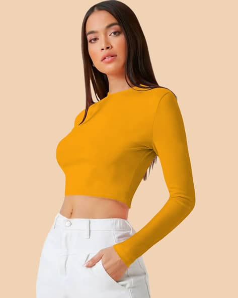 mustard yellow crop top outfit