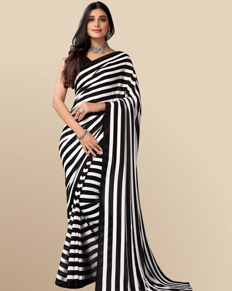 Kajol Black & White Striped Saree With Heavy Sequence Blouse