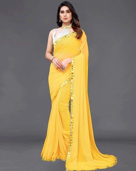 Vishal Prints Dark Yellow Georgette Saree With Foil Print And Zari Bor