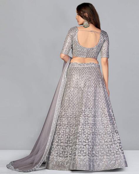 Grey Thread, zari, dori and Sequins embroidered net semi stitched Bridal  lehenga - MEGHALYA - 3697628