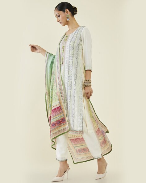 Cotton Embroidery Off white color Kurti pant set with dupatta  mahezon