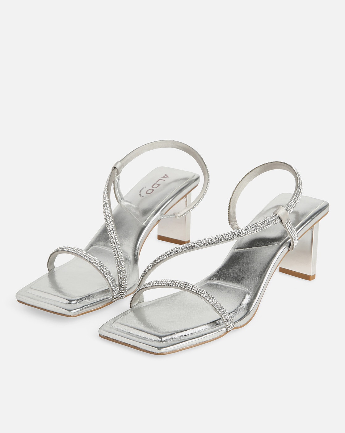 Fatima Strappy Block Heels With Glitter Detailed Straps in Silver | ikrush