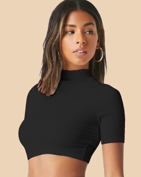 Buy POLYESTER SOLID BLACK HIGH-NECK T-SHIRT for Women Online in India