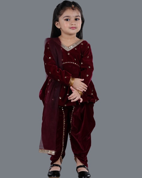 Latest karva chauth special velvet maroon dress with dupatta - Ethnic Race