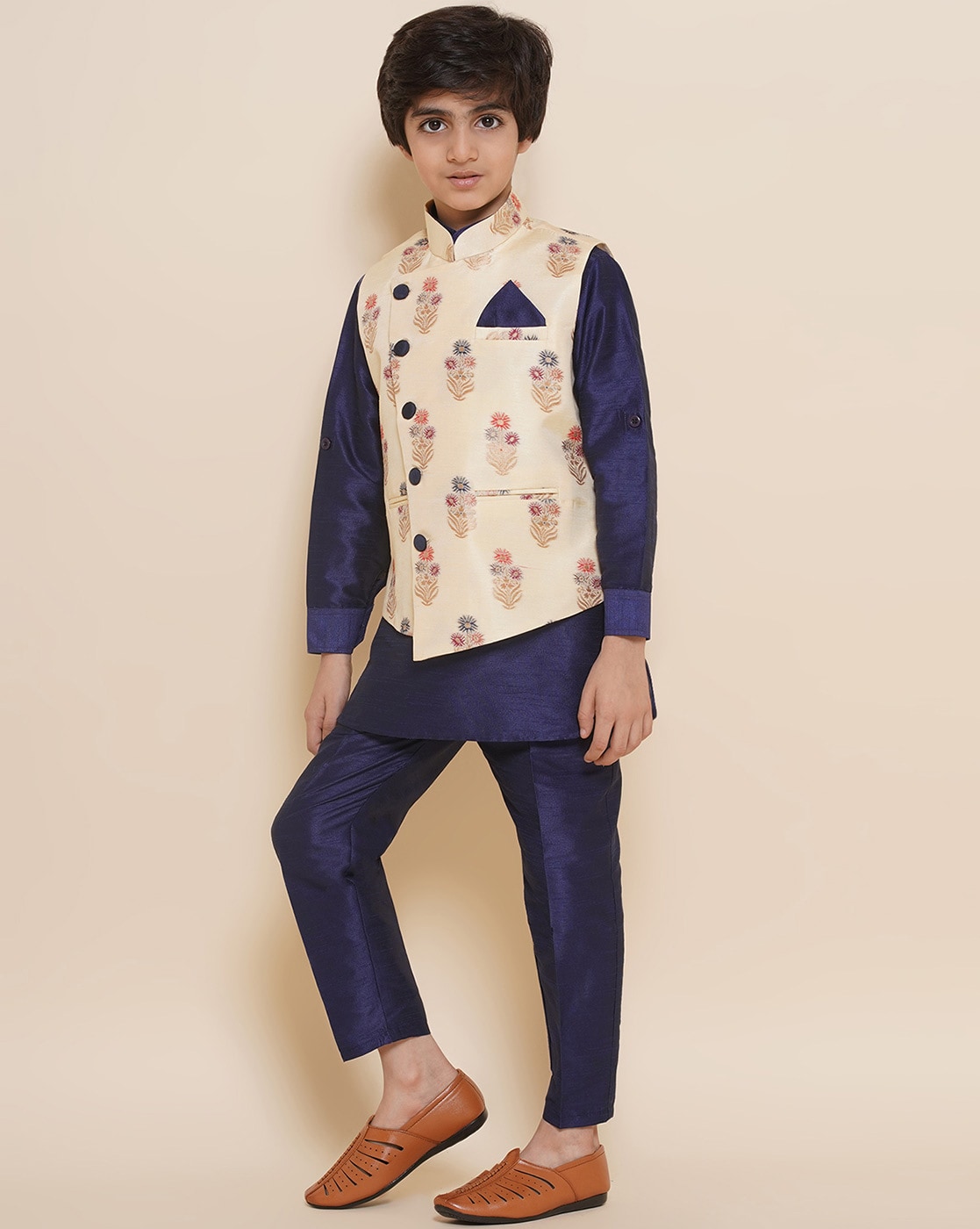 Pink Cotton Silk Kids Kurta Pajama With Jacket 234457