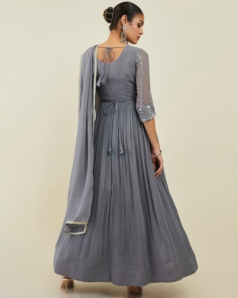 Embroidered Gown Dress with Pants & Dupatta