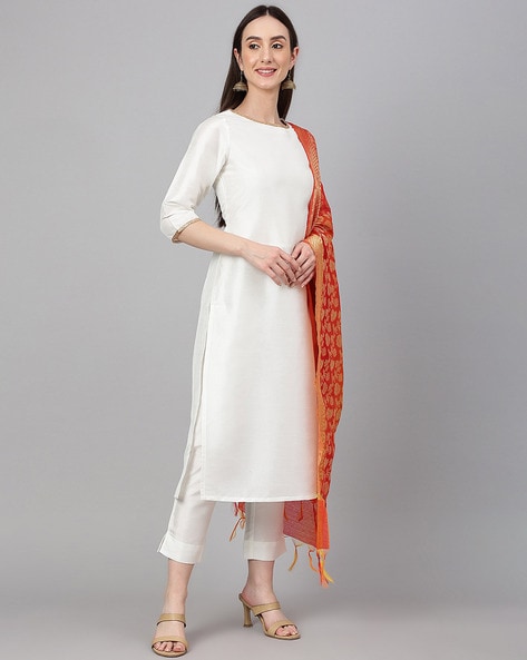 Buy Bunaai White Suit With Multicolored Dupatta (Set of 3) online