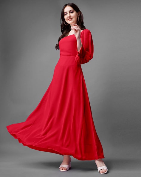 Bow Neckline Knee Length Dress / Long Sleeve Dress / Red Dress / Elega –  Store of Suhel
