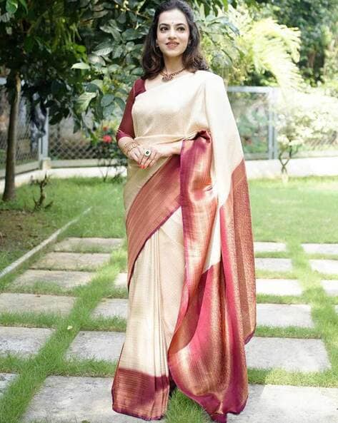 Banarasi Saree in Cream and Maroon : SPF9705