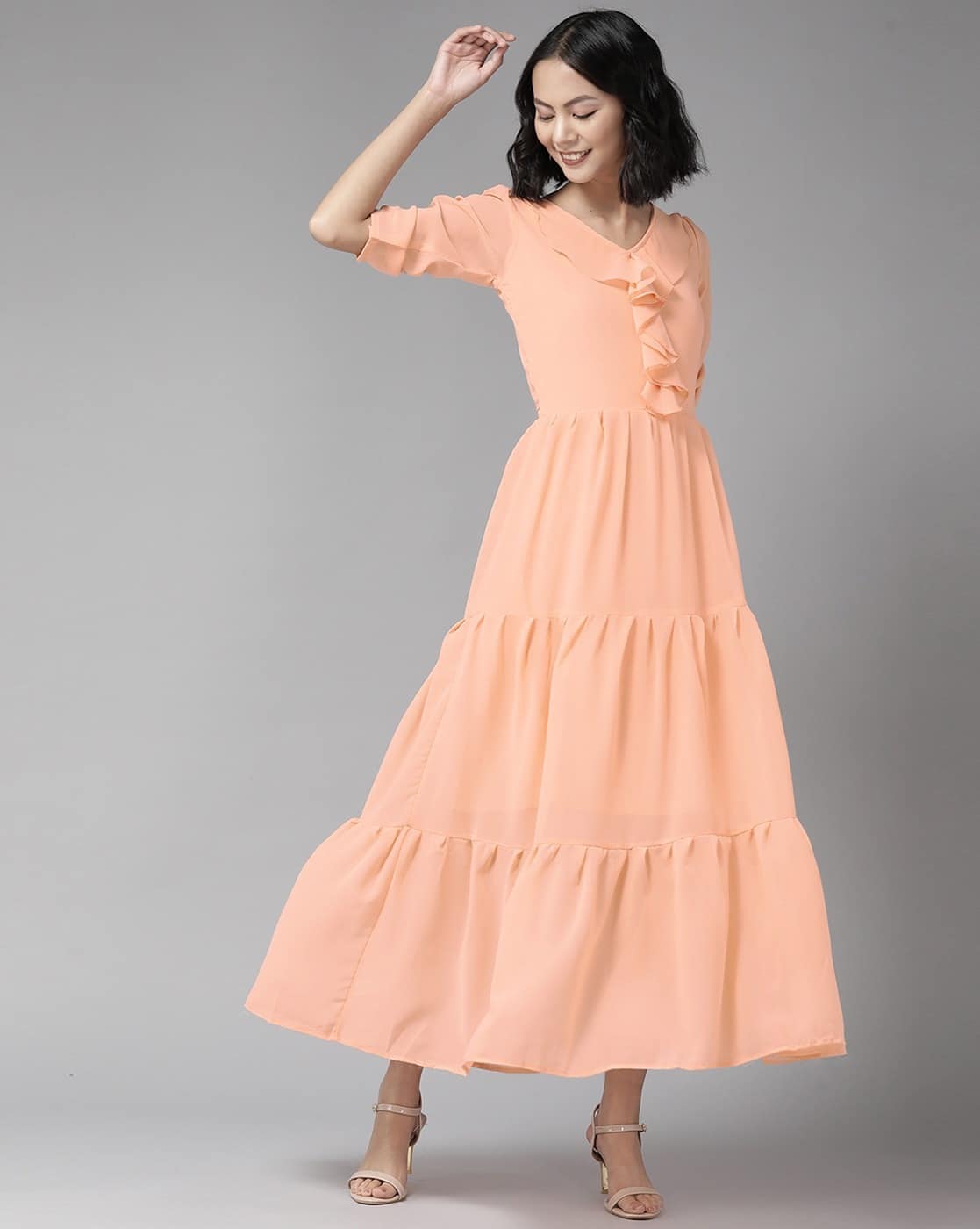 coral and peach bridesmaid dresses Orange Frilly Dress Peach Color Orange Color Dress Peach Color Coral Peach Bridesmaid Sleeveless Embellishment floral gown Ilana Embellished Cut-Out Mini Collar Size:15