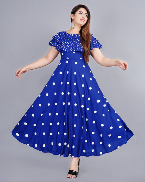 Women Navy Blue & White Polka Dot Printed Mandarin Collar Neck Crepe  Pleated Fit & Flare Midi Dress - Berrylush