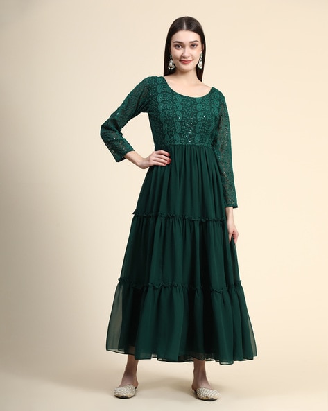 Krishti Creation Women Fit and Flare Dark Green Dress  Buy Krishti  Creation Women Fit and Flare Dark Green Dress Online at Best Prices in  India  Flipkartcom