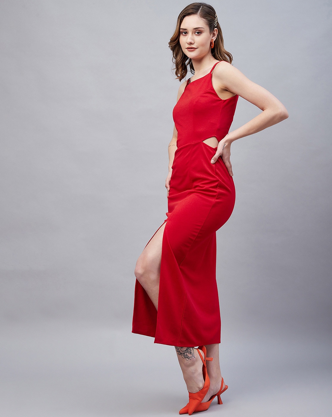 Buy RED V-NECK SLIT MAXI DRESS for Women Online in India
