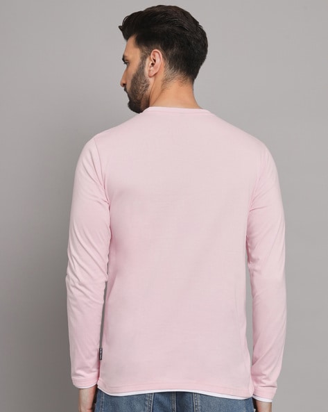 Basic Hot Pink Crew Neckline Long Sleeves Cotton T-Shirt