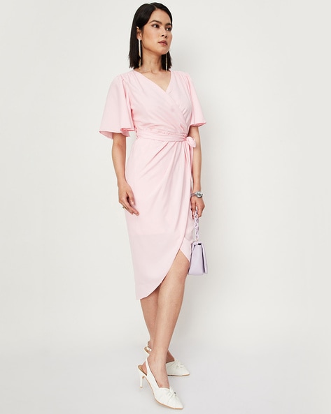 Shop Plain Satin Wrap Dress with Tie-Up Belt Online | Max Kuwait