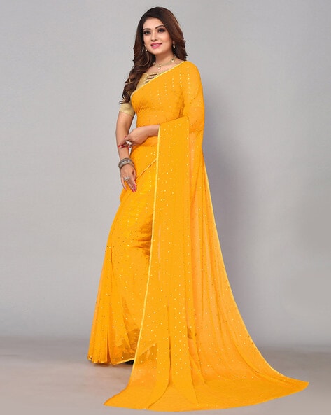 Yellow Plain Half Pleated Japan Satin Saree