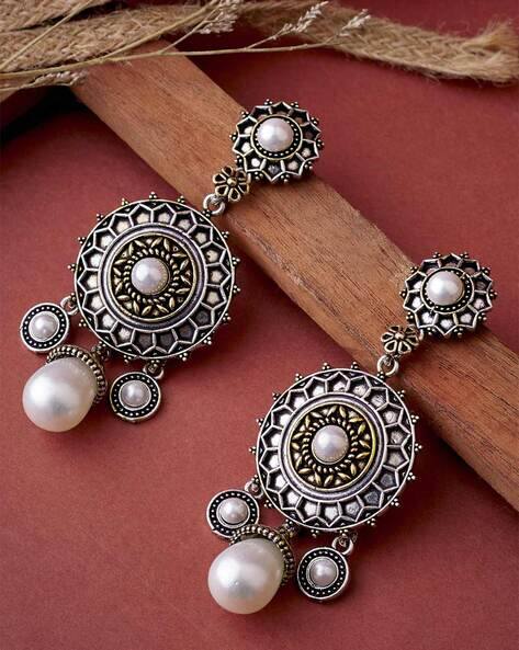 Atibelle Oxidized Dangler Earrings with Pearl Drop