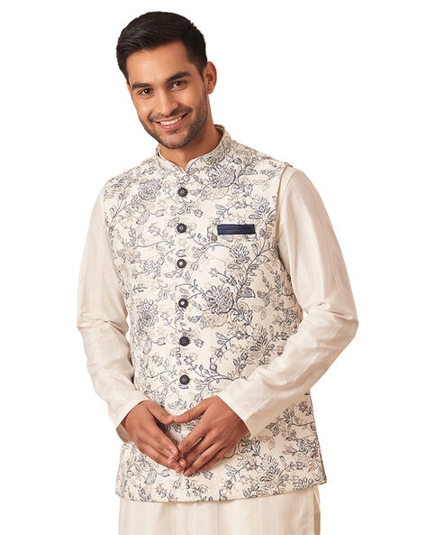 Buy Ivory Silk Embroidered Thread Floral Nehru Jacket For Men by Kasbah  Online at Aza Fashions.