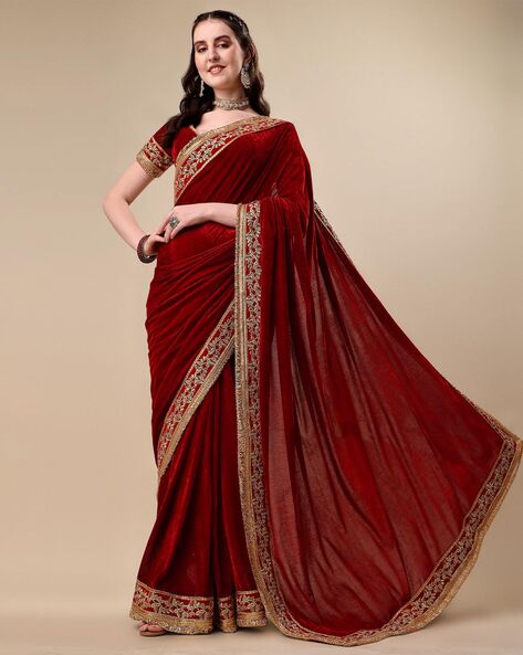 Buy Cream Brasso Silk And Velvet Saree With Art Silk Blouse Online -  DMV8745 | Andaaz Fashion