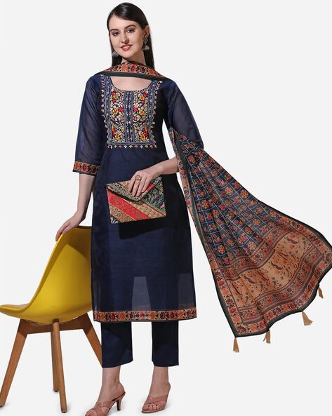 Peacock blue chanderi readymade suit with floral embroidered top,straight  cut pants & double-color striped dupatta