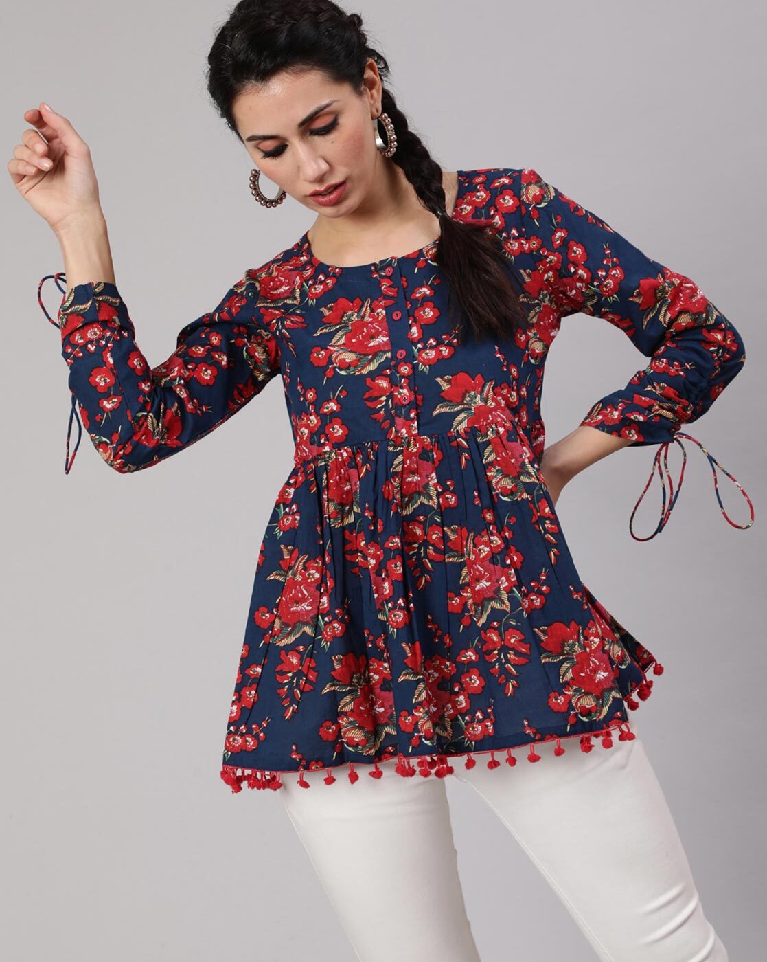 Maroon Cotton Floral Block Print Flared Top – Janasya.com