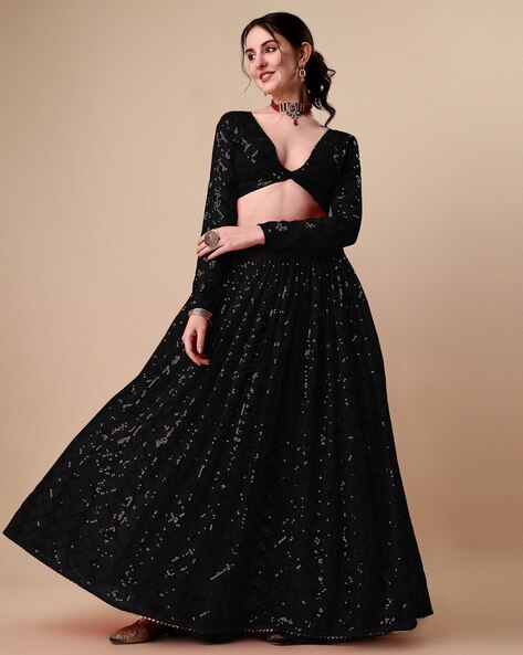 Black Colored Floral Designer Crop Top Lehenga Set - She Needs - The Saree  World