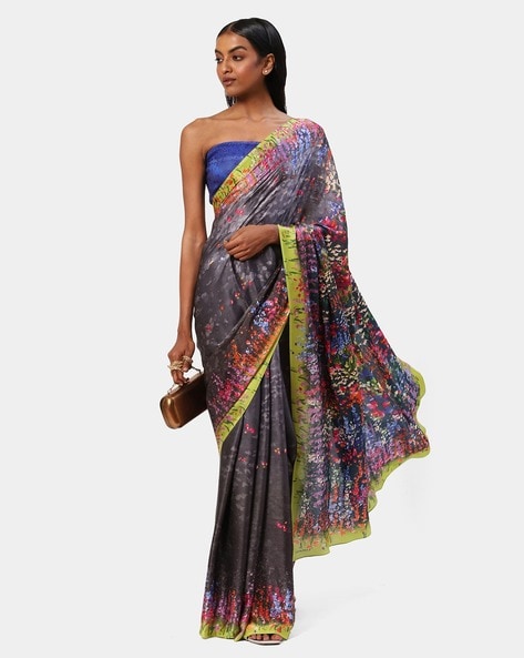 Satya Paul Floral Border Print Paint Saree | Black, Floral, Georgette Satin  | Aza fashion, Saree designs, Floral sarees