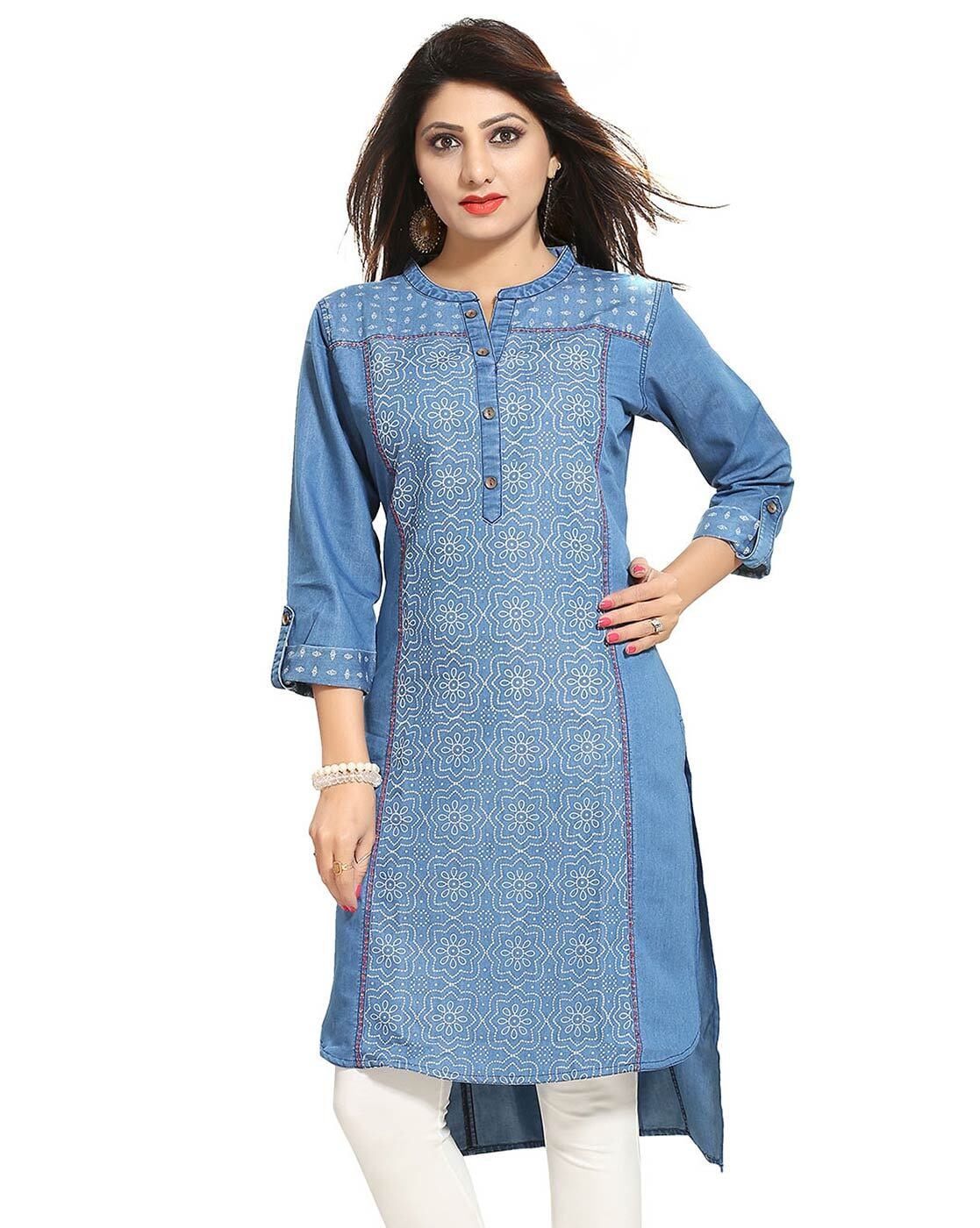 Buy Blue Denim Patch Work Straight Fit Kurti Online in India | Colorauction